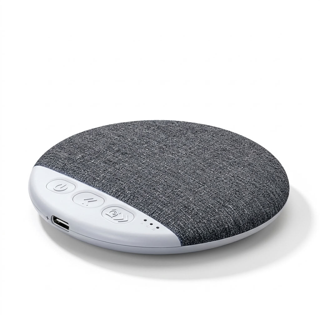 Grey Bluetooth sleep speaker with sound timer on a white background