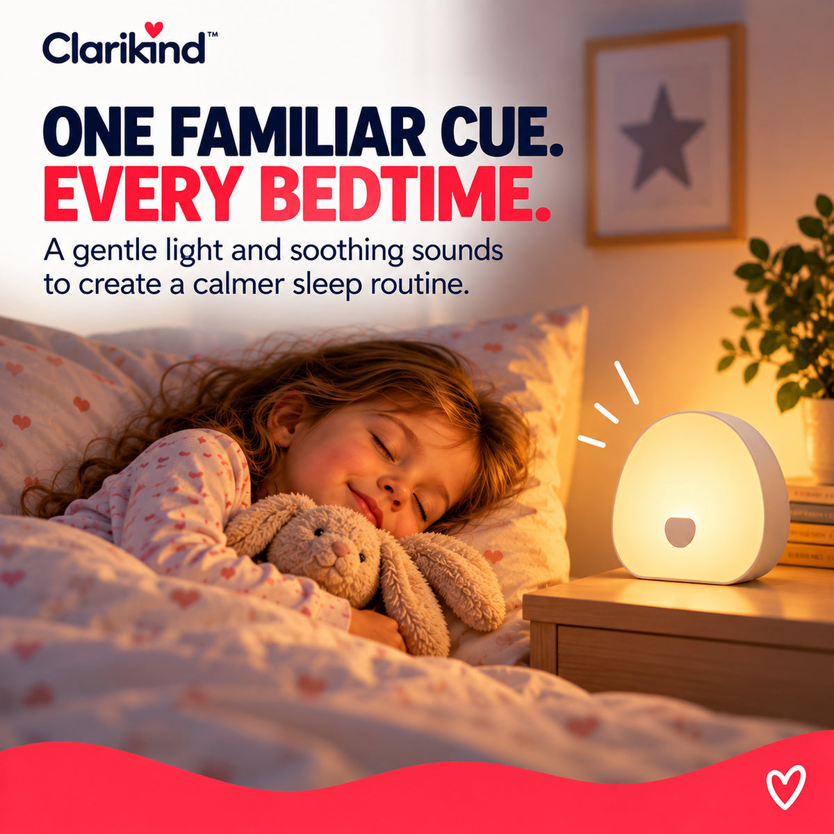 Familiar bedtime cue: the white noise machine lighting a bedside table as a child rests