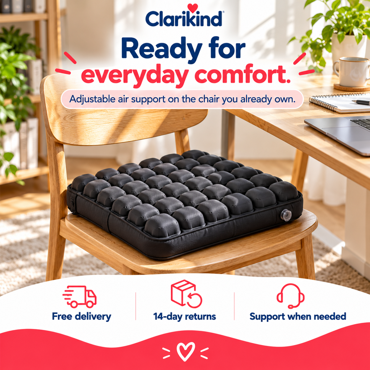 Black air-cell seat cushion on a home-office chair with Clarikind delivery and 14-day returns information