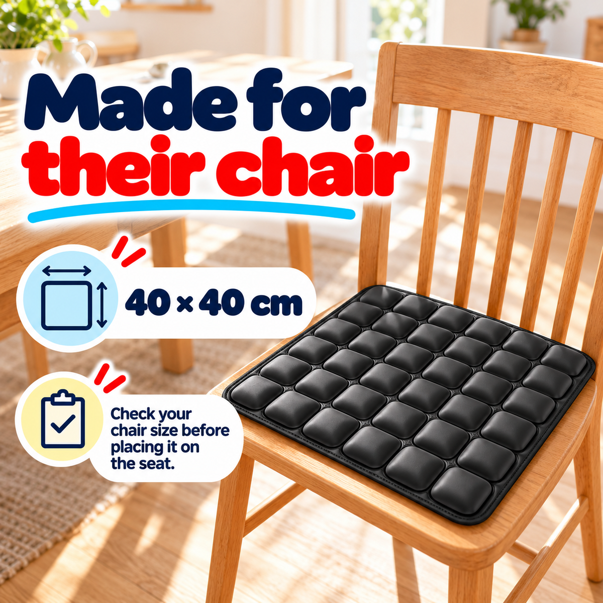 Black inflatable seat cushion on a chair, dimensions 40 by 40 centimetres