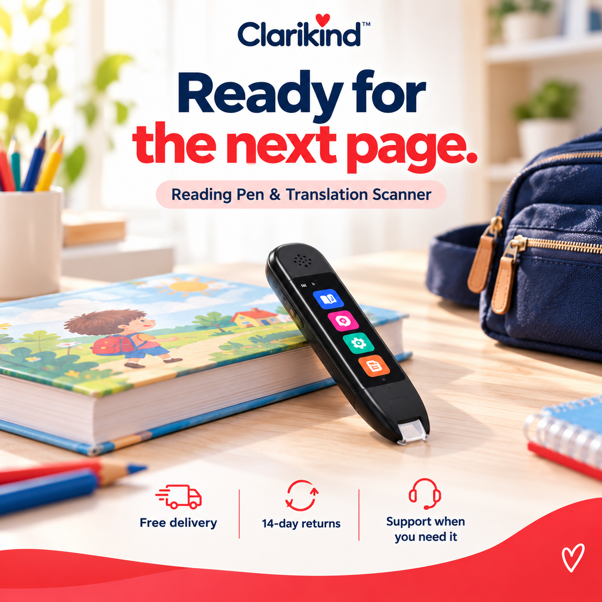 Black reading and translation scanner pen next to a children's book and school backpack, with free delivery and 14-day returns