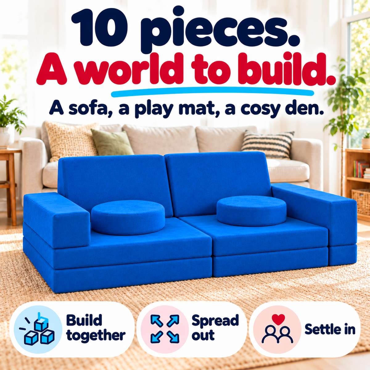 Blue 10-piece play couch assembled with round cushions and stacked base mats