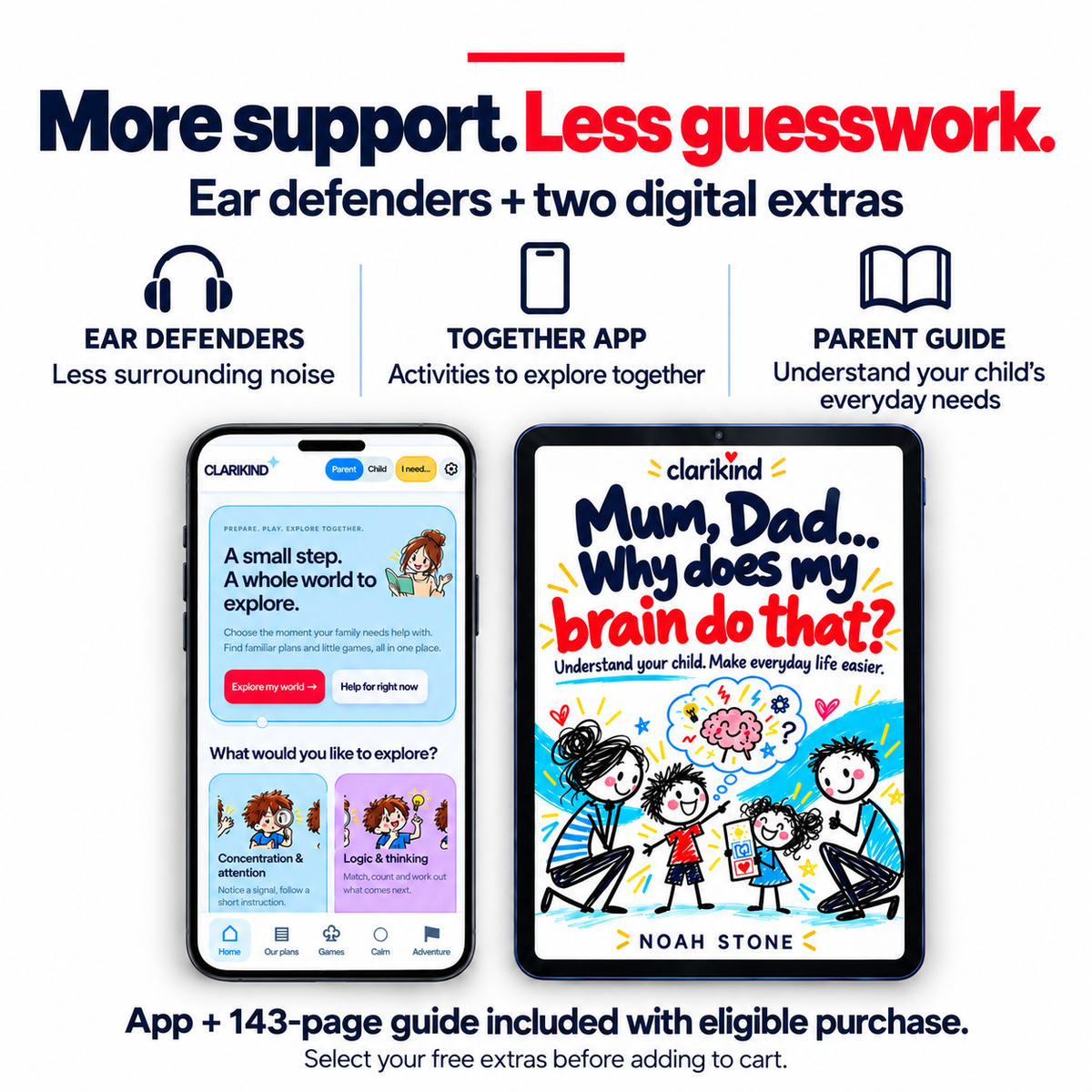 Free extras with Clarikind kids ear defenders: Together family app and 143-page parent guide
