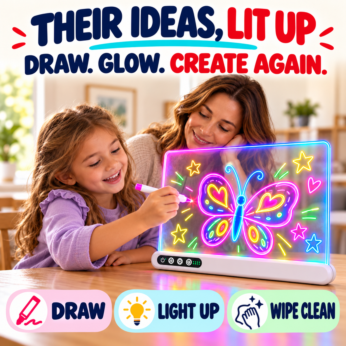 Child drawing on the light-up reusable board: draw, light up and wipe clean