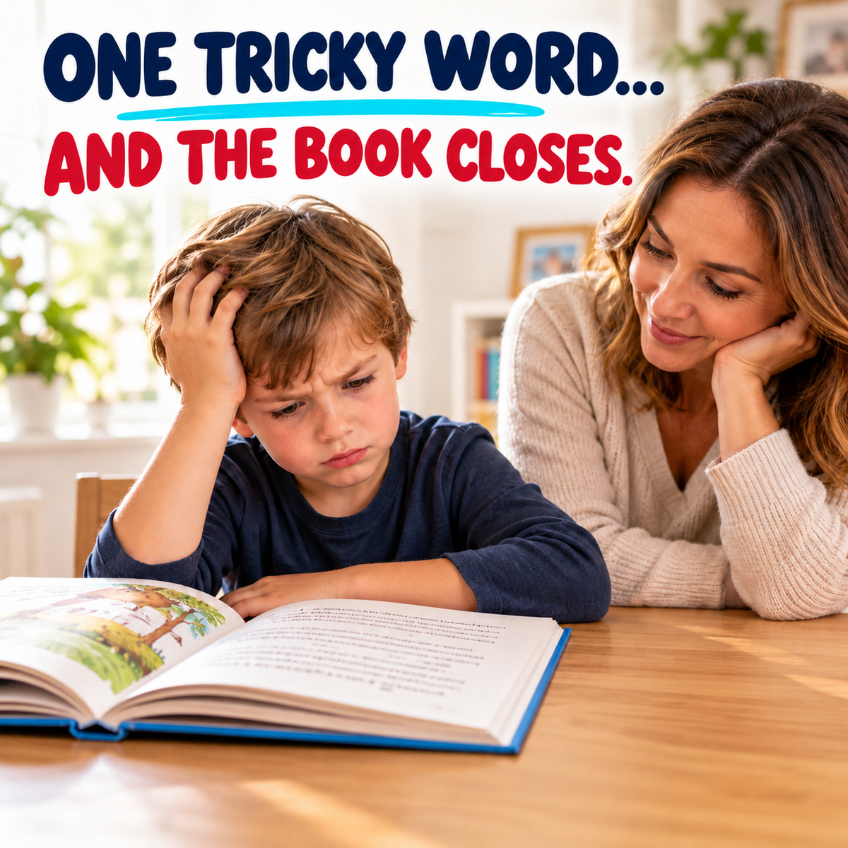 Child pauses at a difficult word while reading with a parent