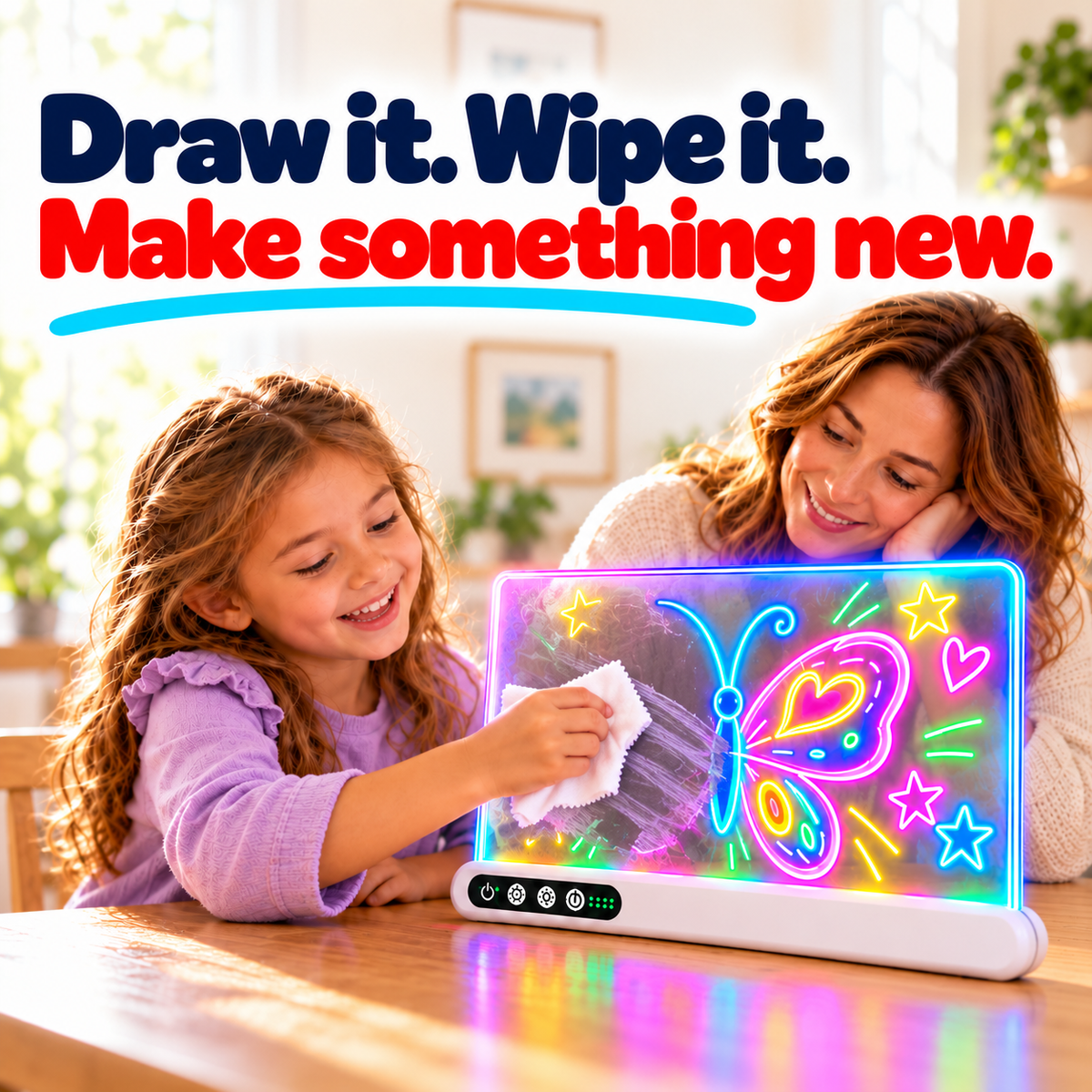 Child wipes the light-up board clean ready to draw again