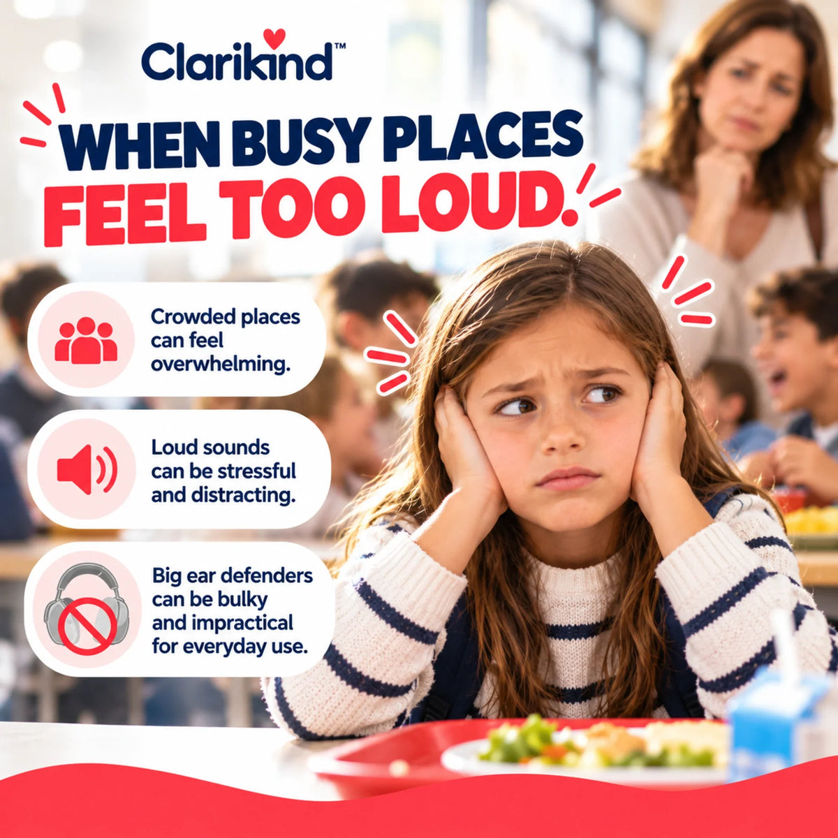 Child overwhelmed by noise in a busy school canteen
