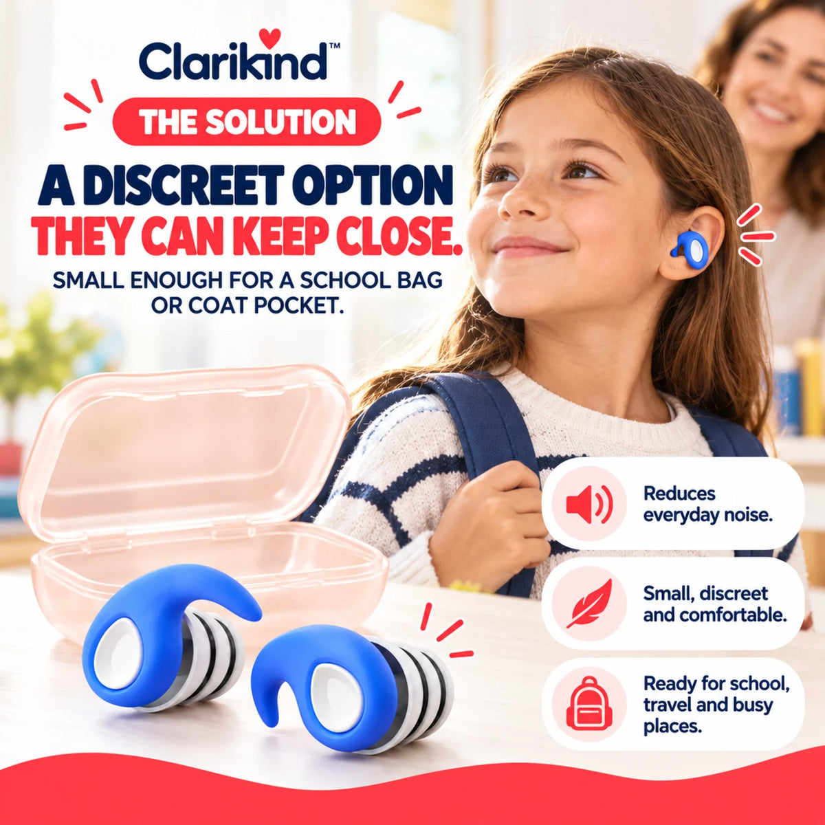 Discreet Clarikind earplug solution for noise in school, travel and everyday busy places