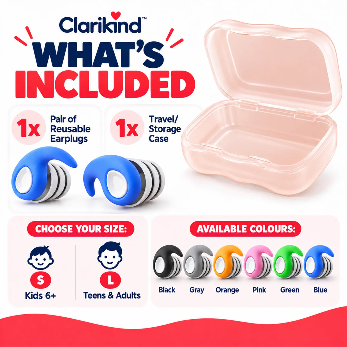 Clarikind reusable earplug pair and storage case, colour and size options