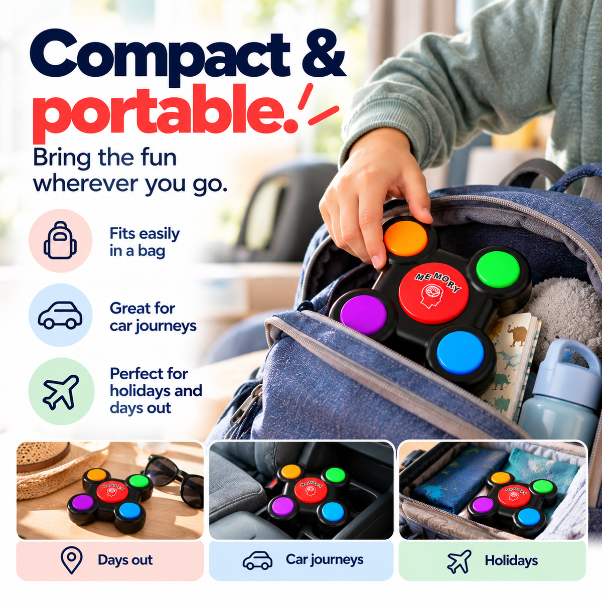 Compact Clarikind electronic memory game packed in a bag for travel and days out