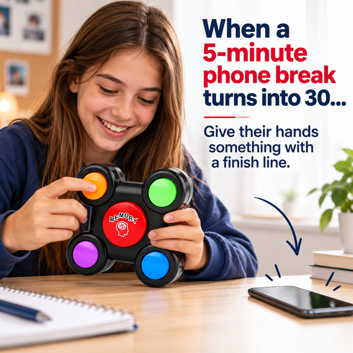 Teen using the Clarikind electronic memory game during a short phone break
