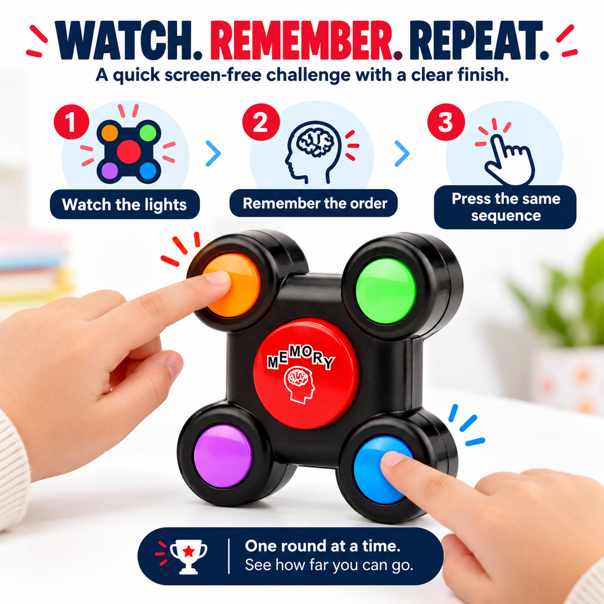Electronic memory game showing the watch remember repeat sequence challenge