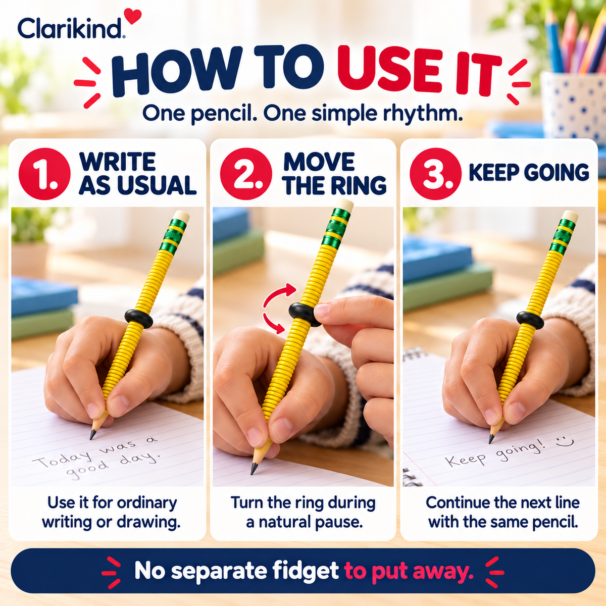 How to use the fidget pencil: write, turn the ring during a pause, carry on writing