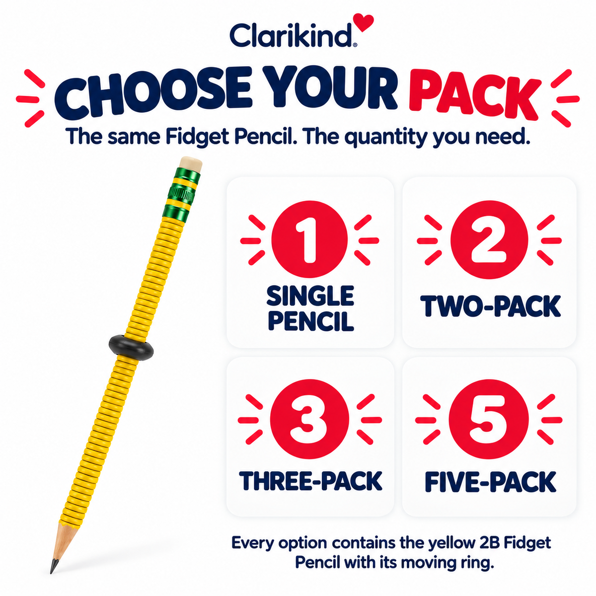 Fidget pencil pack options: one, two, three or five yellow 2B pencils