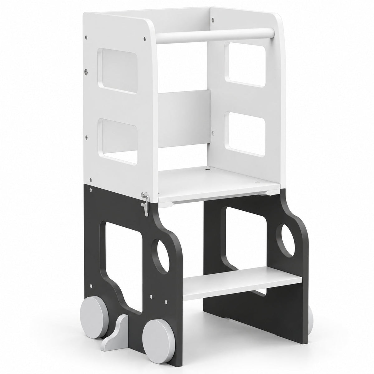 Foldable learning tower kitchen helper in white and grey with safety rails, on a white background