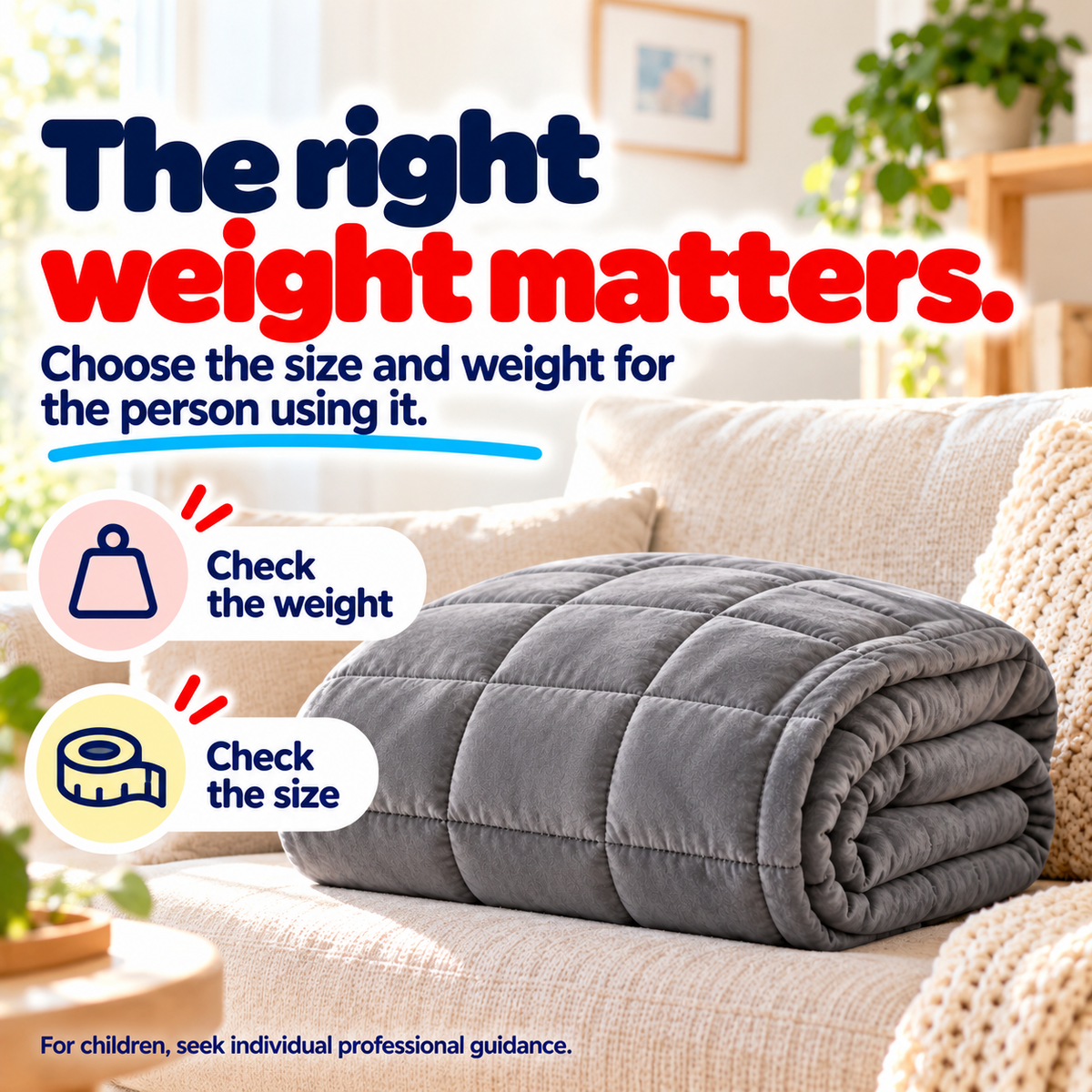 Grey weighted blanket with advice to check weight and size