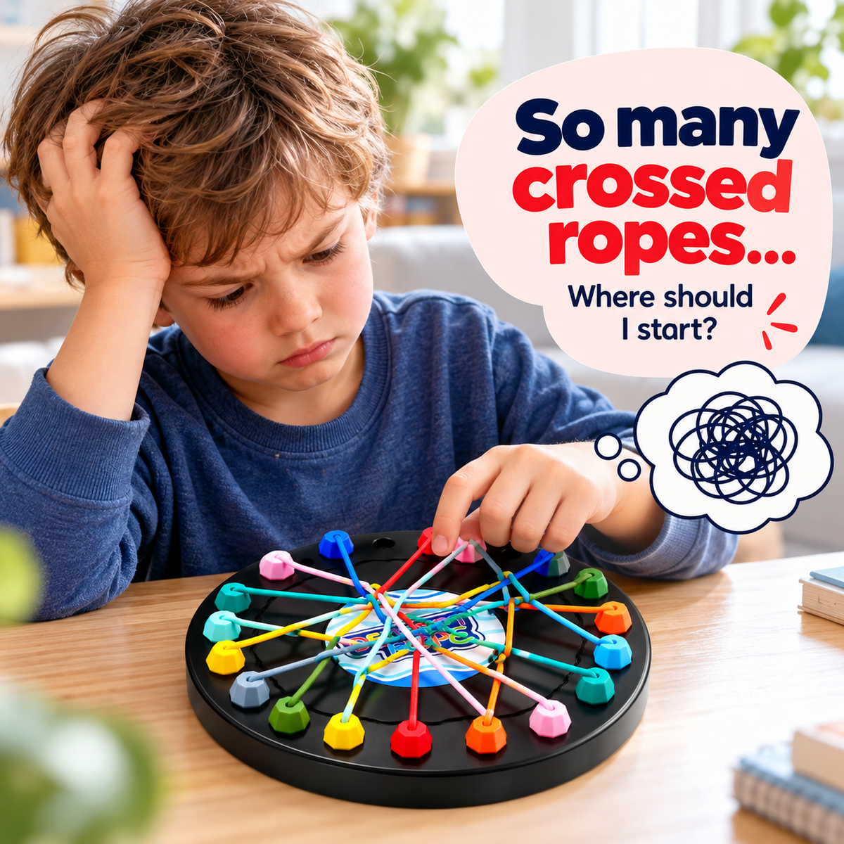 Child working through crossed coloured ropes on the Clarikind rope untangling puzzle