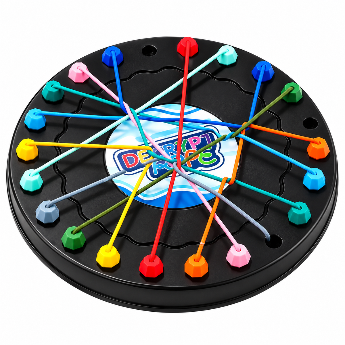 Rope untangling puzzle: black circular board with multicoloured cords on white background