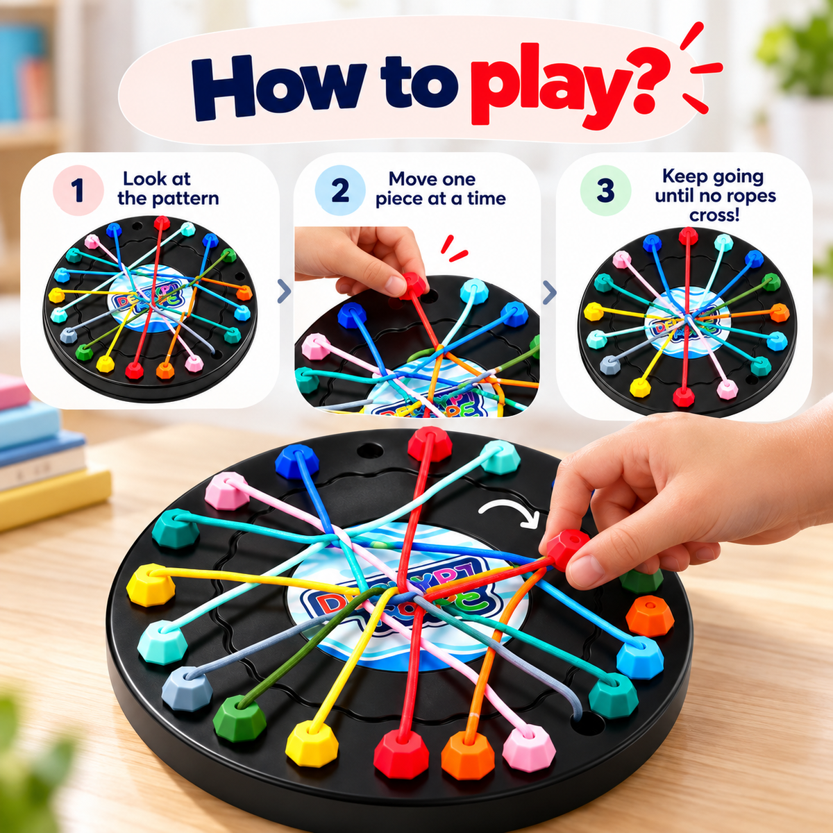 How to play the rope untangling puzzle by studying the pattern and moving one piece at a time