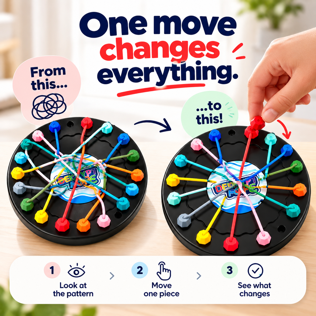 Rope untangling puzzle showing how one move changes the cord layout