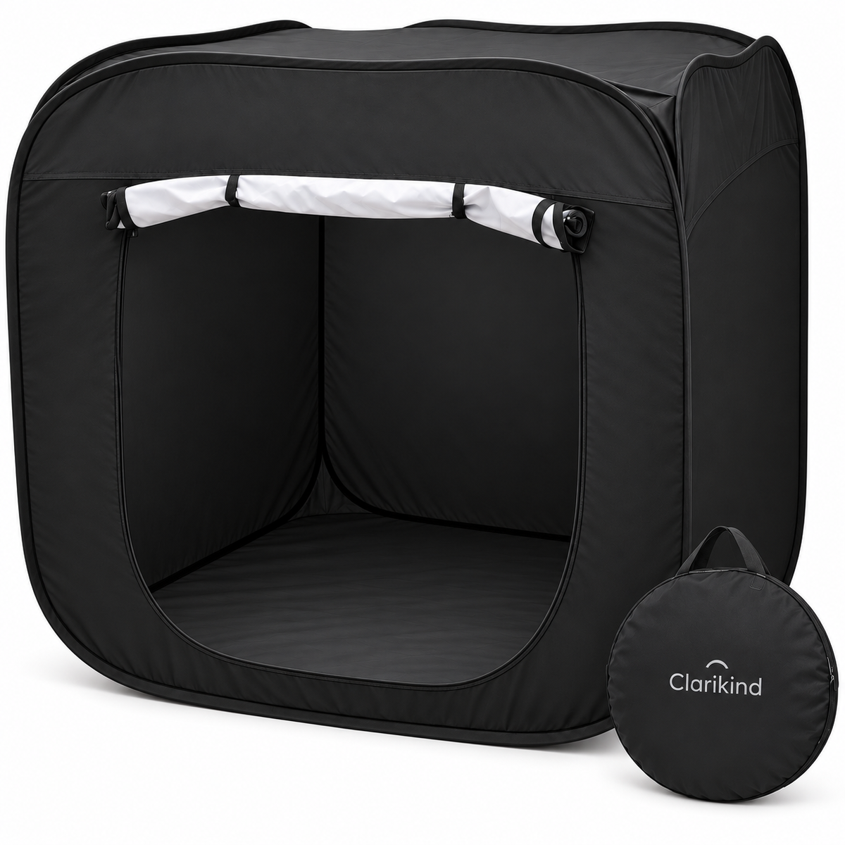 Black Clarikind pop-up sensory tent for kids with branded carry bag on a white background