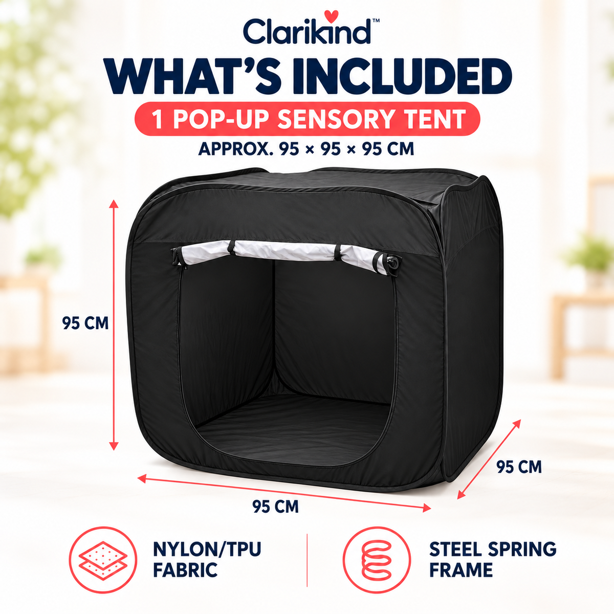 Clarikind pop-up sensory tent dimensions and included materials
