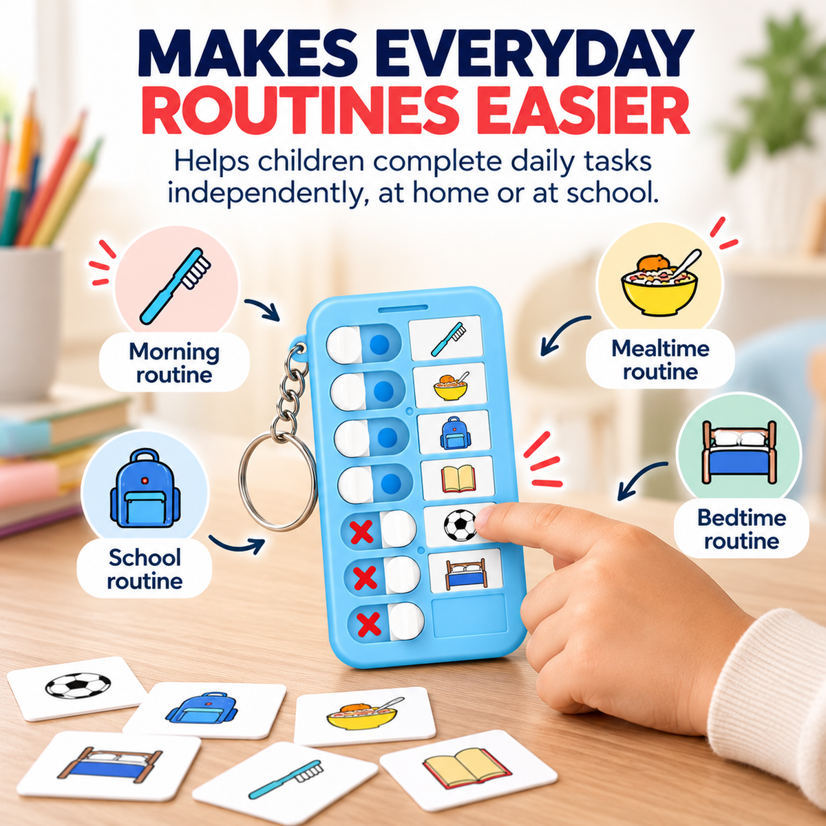 Clarikind Sliding Checklist shown for morning school mealtime and bedtime routines