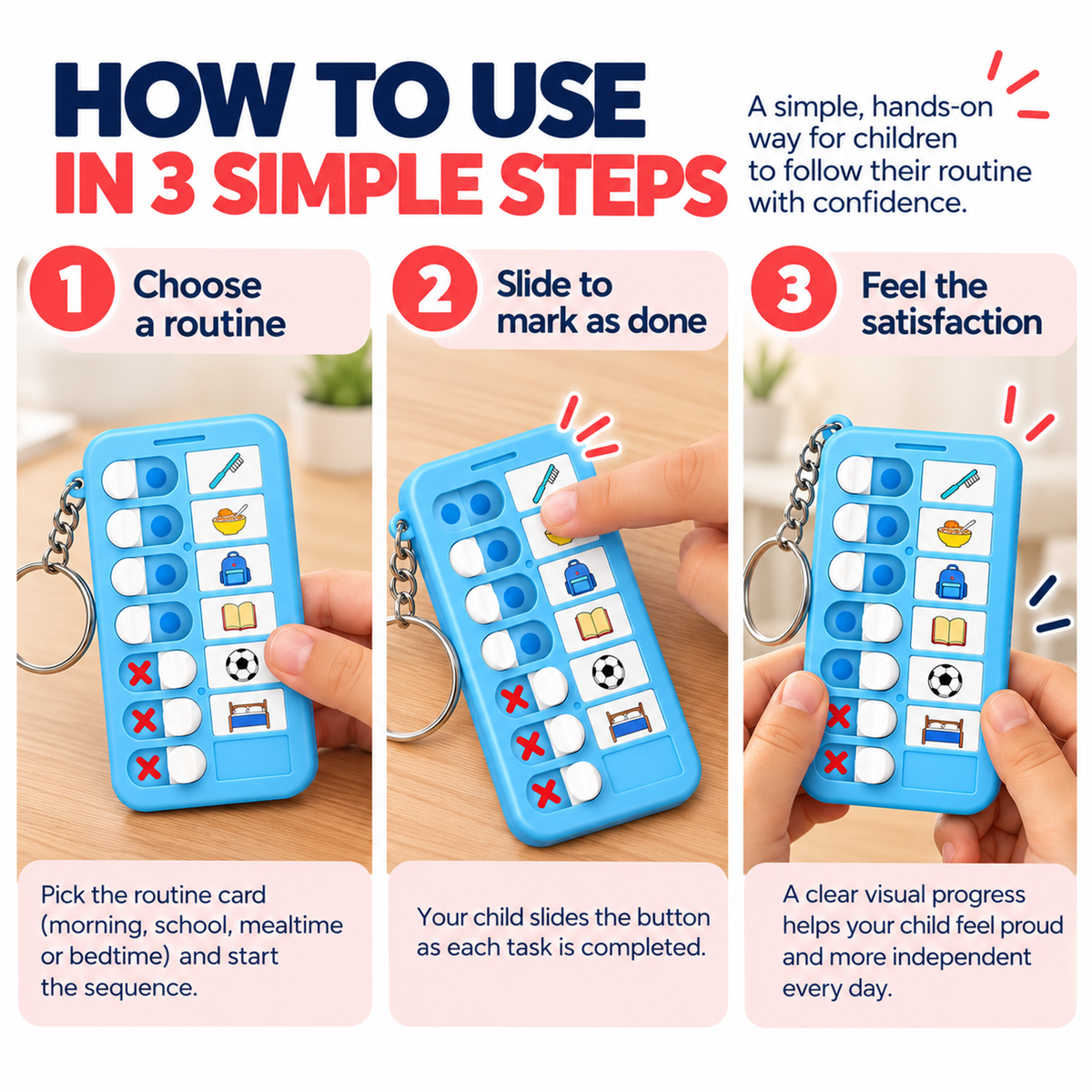 How to use the Clarikind Sliding Checklist in three steps by choosing a routine and sliding each completed task