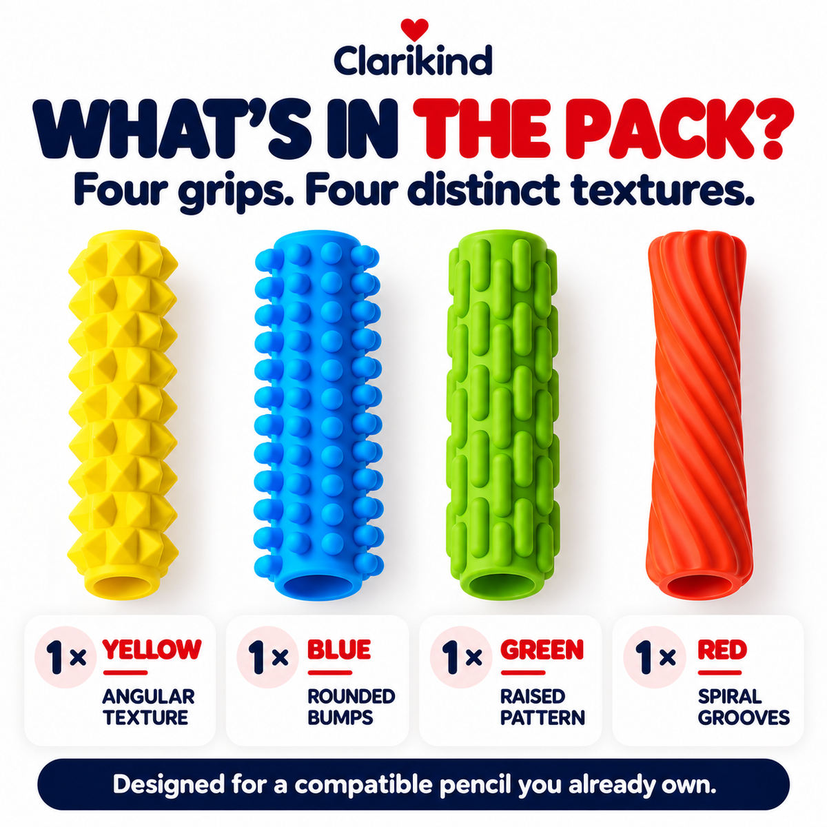 Textured pencil grips 4-pack: yellow angular, blue bumps, green raised and red spiral