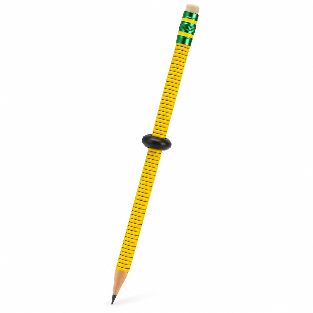 Yellow threaded fidget pencil with spiral grip and black sliding ring on white background