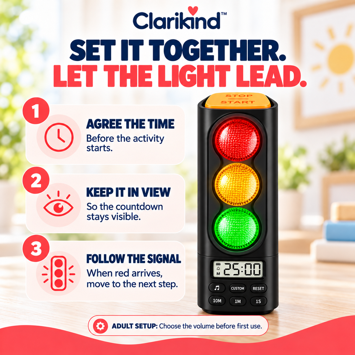 How to use the Clarikind traffic light timer in three steps: agree the time, keep it visible and follow the signal