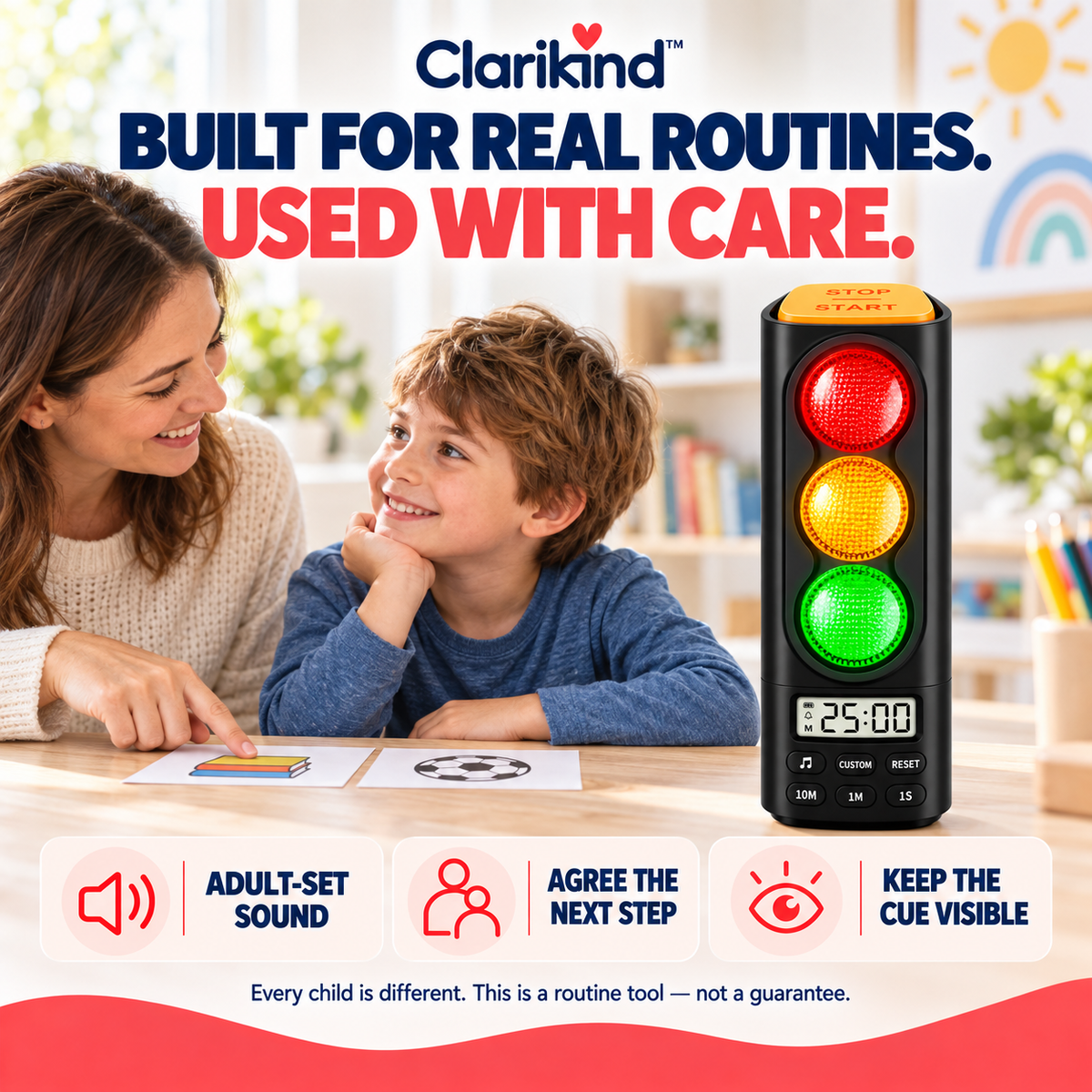 Parent and child using the Clarikind traffic light timer with adult-set sound, an agreed next step and a visible cue