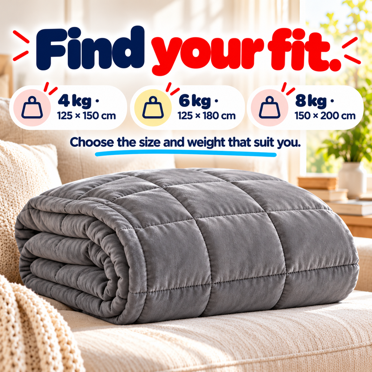 Weighted blanket sizes: 4 kg 125 by 150 cm, 6 kg 125 by 180 cm, 8 kg 150 by 200 cm