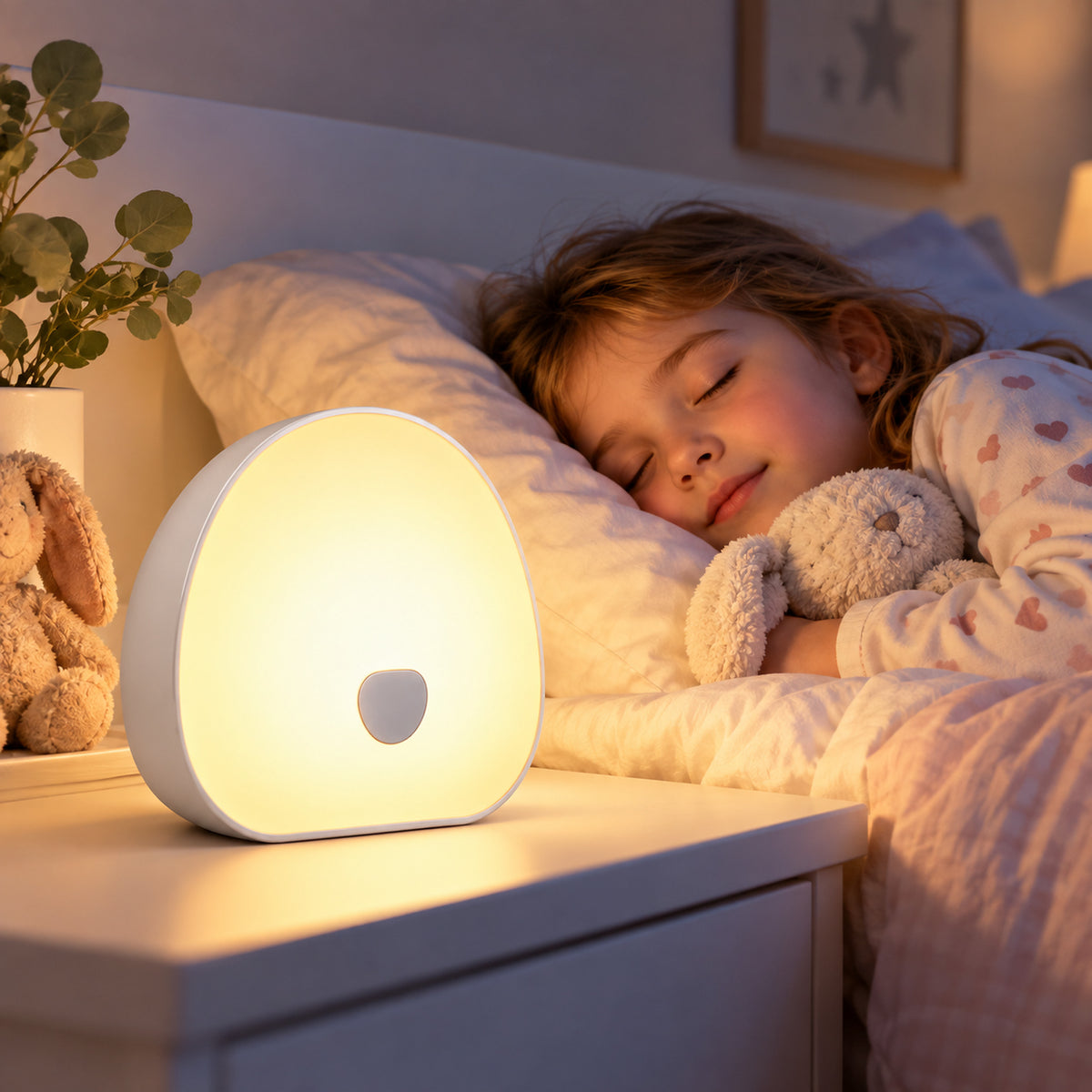 Warm bedside light from the white noise machine beside a child resting with a soft toy