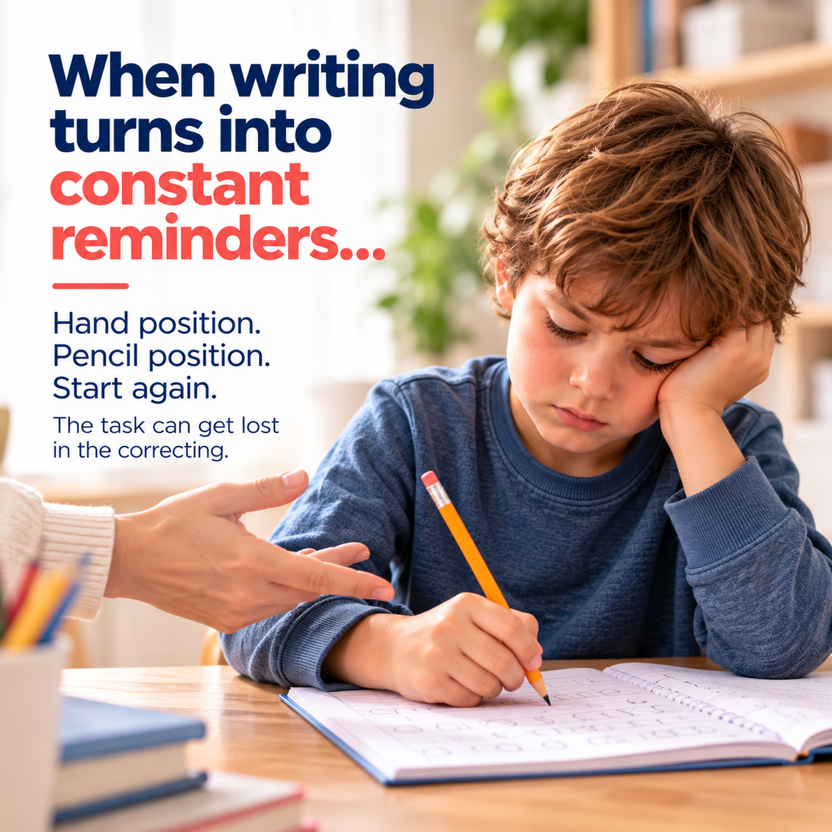 Child writing while receiving repeated hand-position reminders before using the Clarikind Writing Wrist Guide