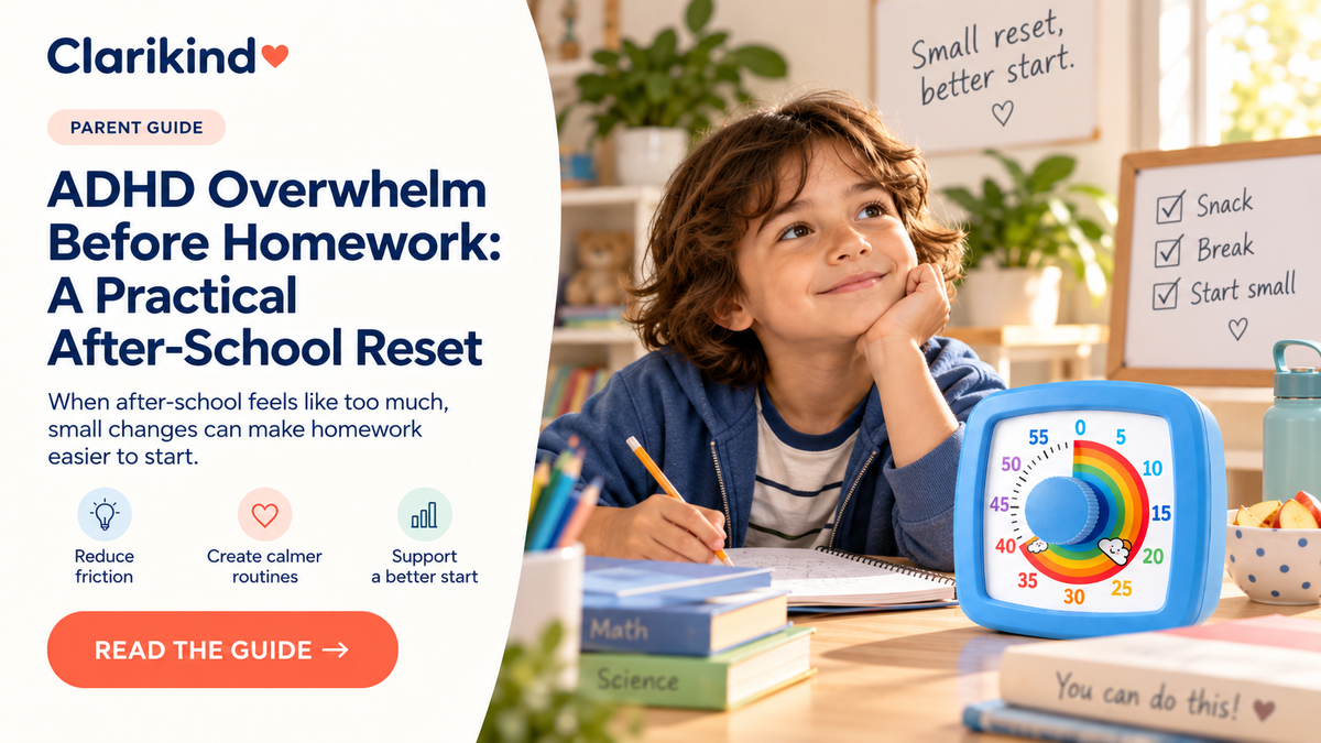 Child at a desk with the blue Clarikind visual timer, illustrating an after-school homework reset.