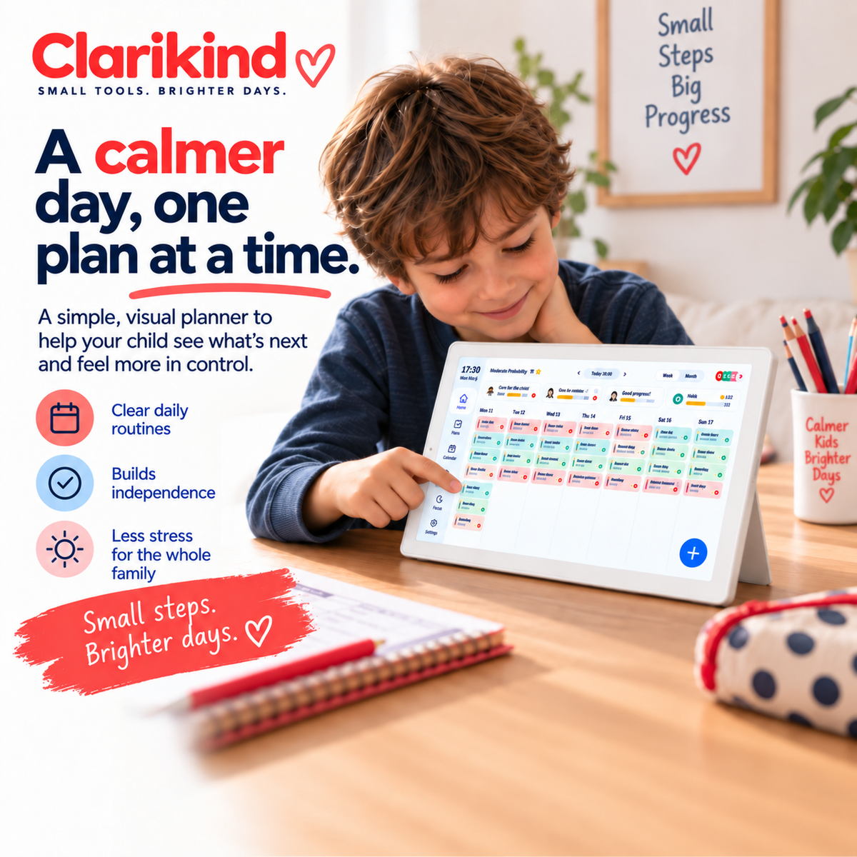 Clarikind CALM-R Hub 10.1 inch digital family calendar showing a weekly household plan at home
