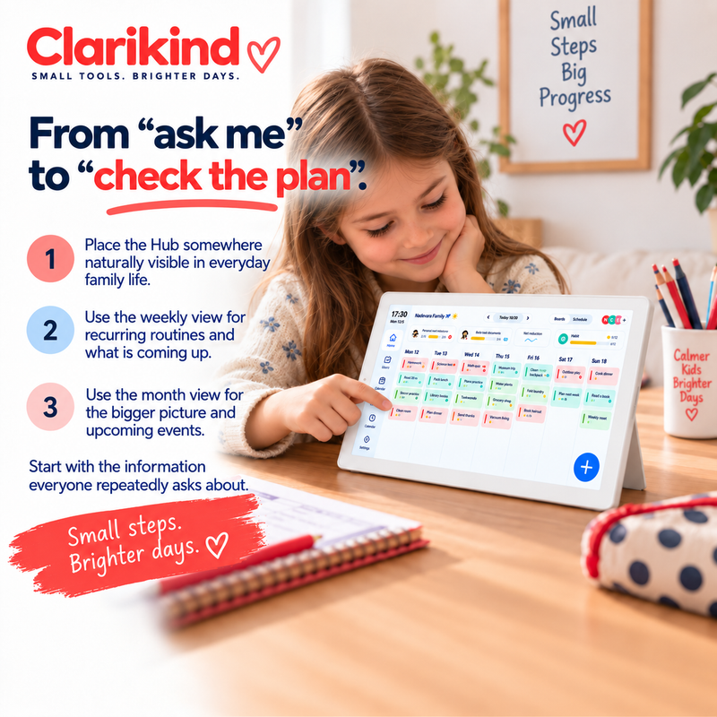 Clarikind CALM-R Hub digital family planner demonstrating a weekly routine and upcoming events