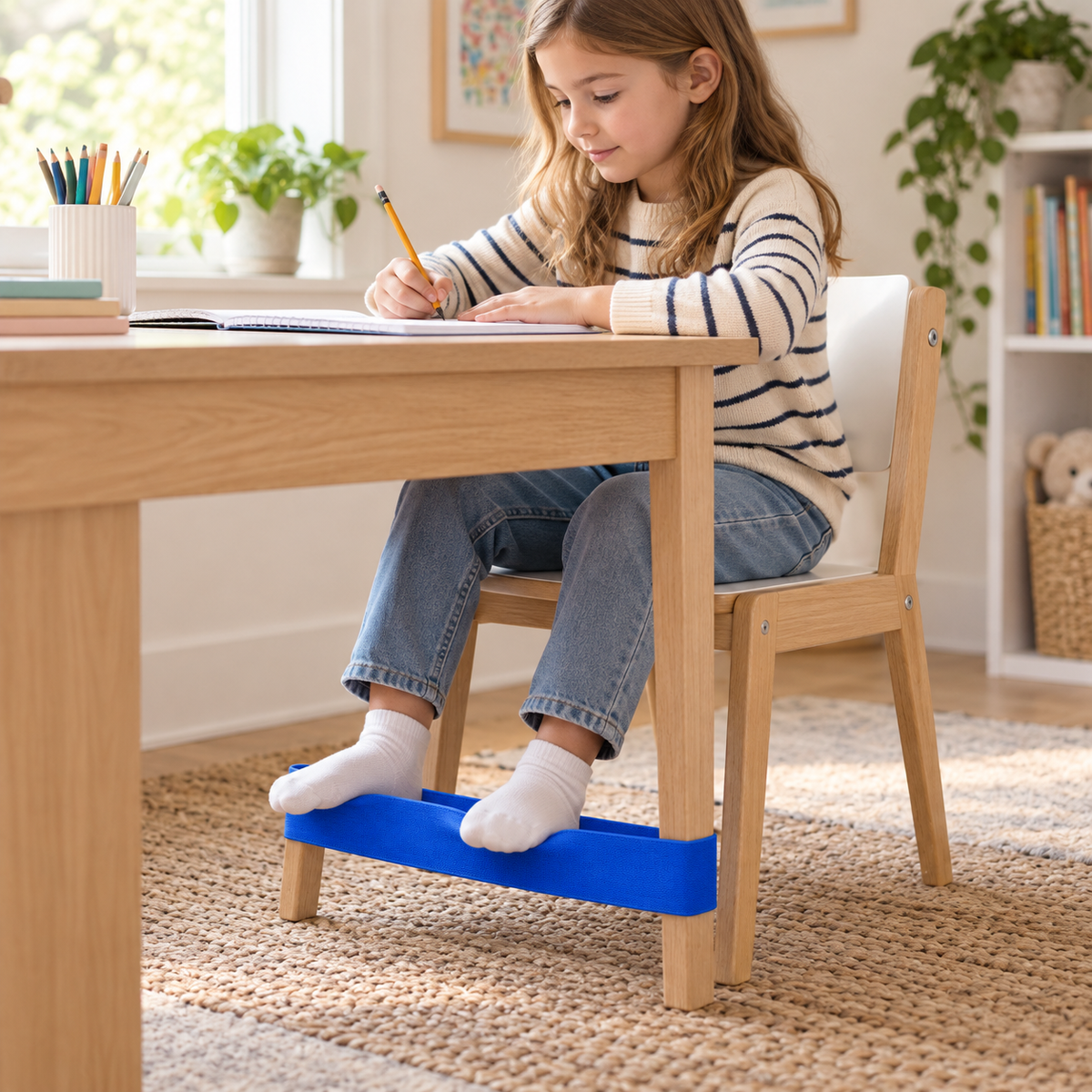 Child using a chair movement band during a focused desk task