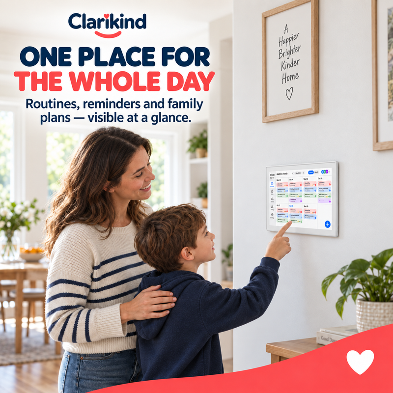 Parent and child using the real Clarikind CALM-R Hub digital family calendar during a home routine