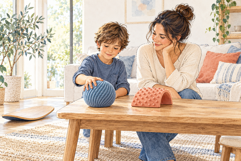 Editorial illustration of a parent and child choosing between two tactile play objects at home.