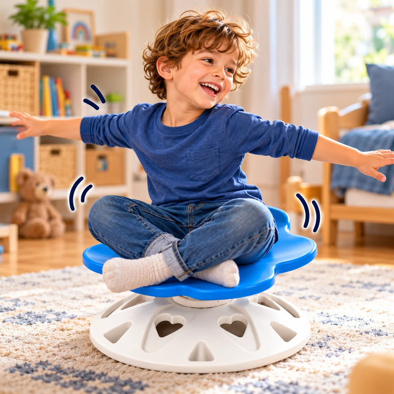 Child seated on the blue Clarikind sensory Spin Seat in a bright home playroom