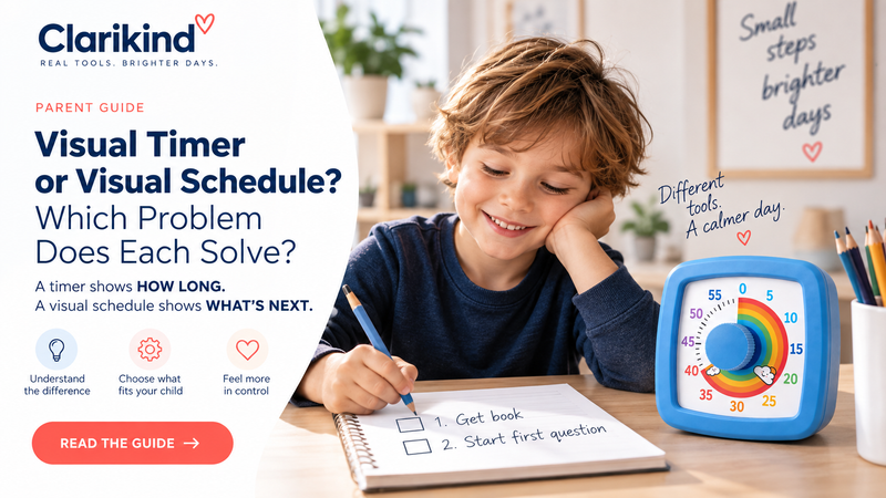 Child writing a two-step plan beside the blue rainbow Clarikind timer, illustrating a guide comparing visual time and visual steps.