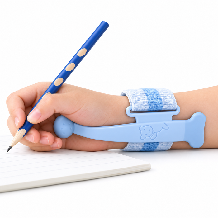 Blue adjustable writing wrist guide on a child's hand holding a pencil, white background