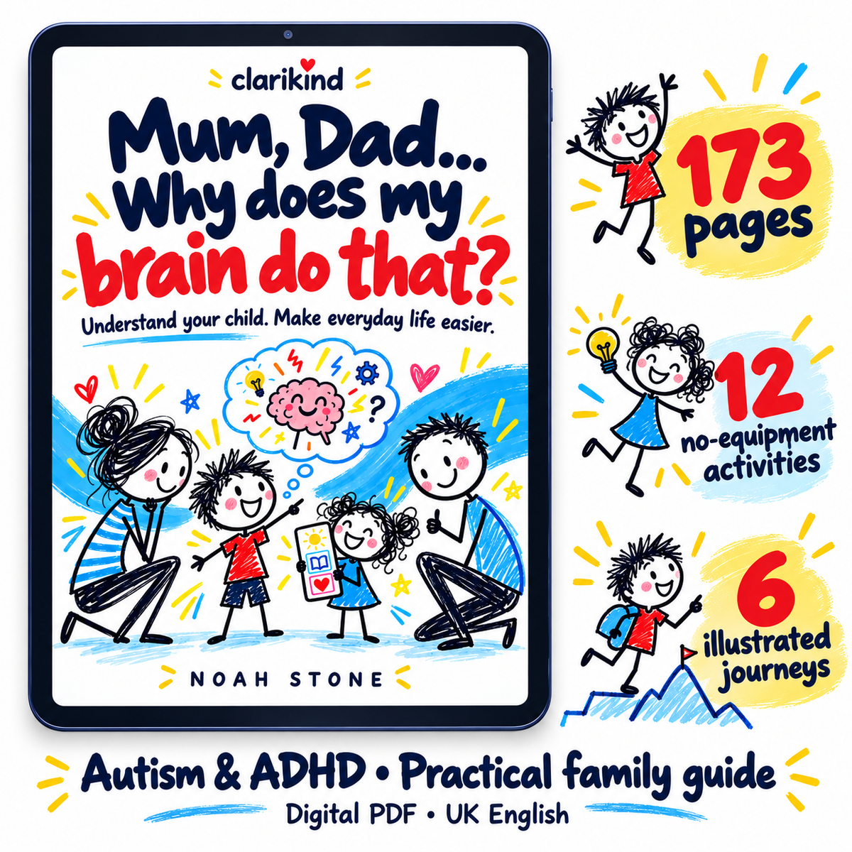 Clarikind new illustrated digital parenting guide cover: Mum, Dad… Why does my brain do that? — 143 pages, autism and ADHD practical family support