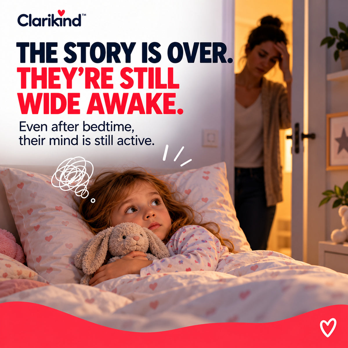 Bedtime challenge: a child still awake after the story while a parent checks from the doorway