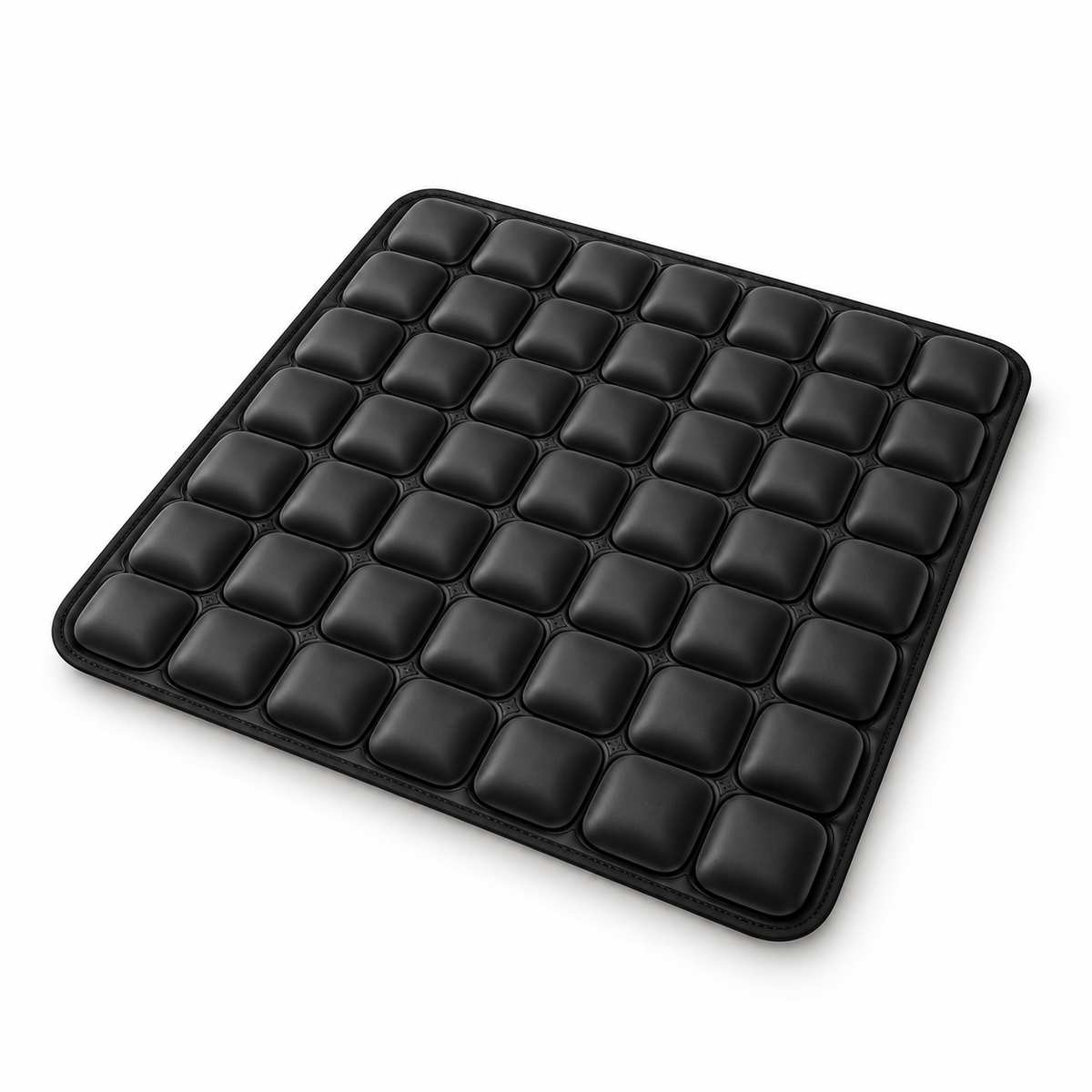 Black inflatable seat cushion with raised air cells on a white background