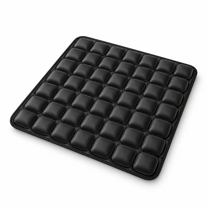 Black inflatable seat cushion with raised air cells on a white background