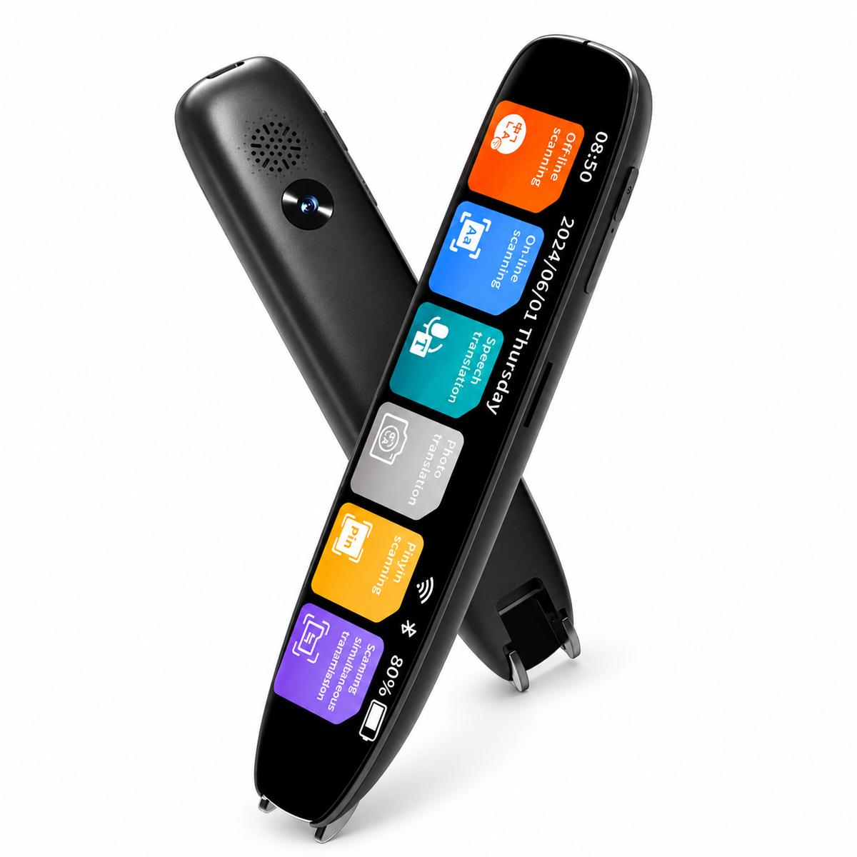 Black reading pen and translation scanner with touchscreen and rear camera, on a white background