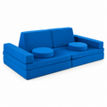 Blue 10-piece modular play couch for kids arranged as a sofa with round cushions, on a white background